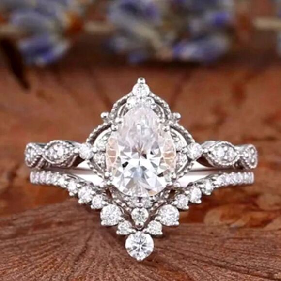 925 Sterling Silver 2 piece Women's Pear  Moissanite Engagement and Wedding Ring - Picture 2 of 4